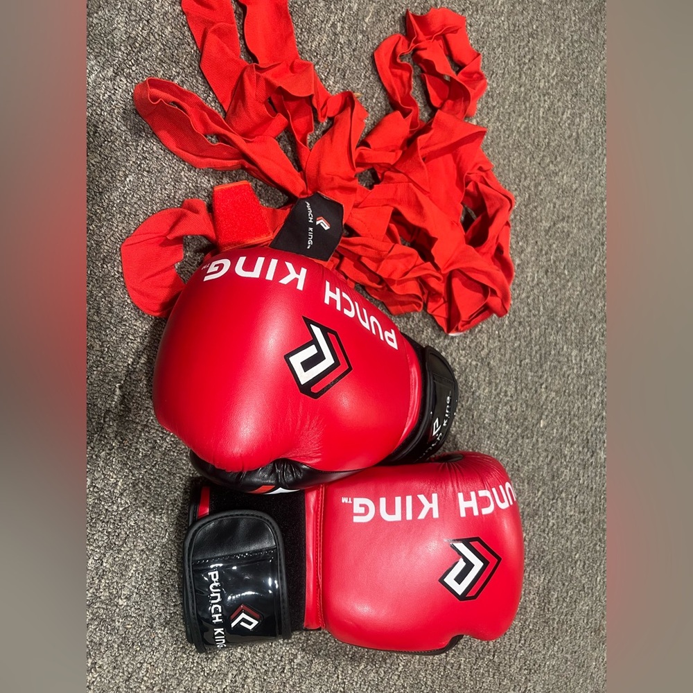 Punch King Red Boxing Gloves with Hand Wraps